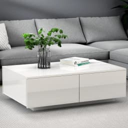 White Rectangular Coffee Table with 4 Storage Drawers Modern Living Room Center Table for Home Office Use