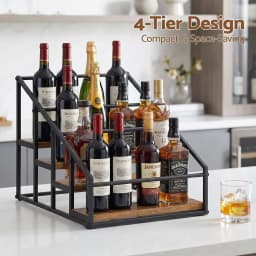 4 Tier Freestanding Wine Rack Tabletop Countertop Bottle Holder for 16 Bottles Black Wood Rack