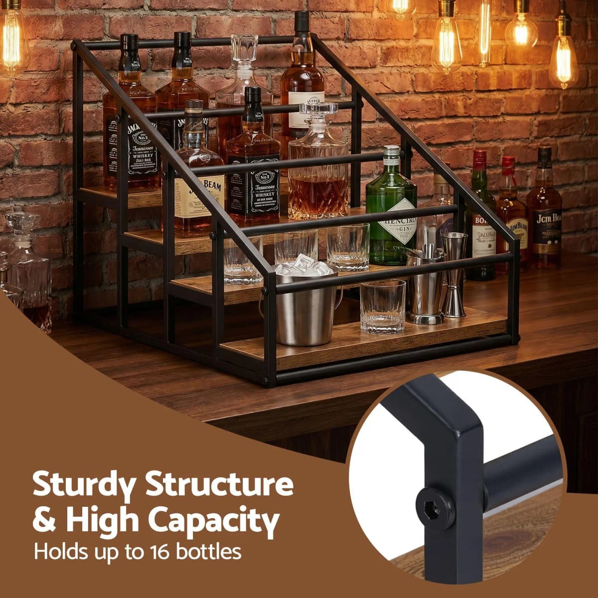4 Tier Freestanding Wine Rack Tabletop Countertop Bottle Holder for 16 Bottles Black Wood Rack
