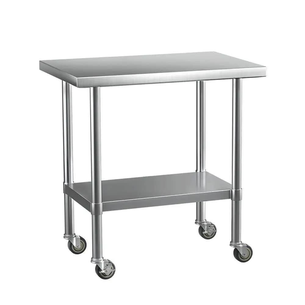Stainless Steel Kitchen Work Bench with Wheels 91x61cm Heavy Duty Utility Table for Home and Commercial Use
