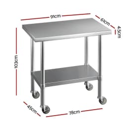 Stainless Steel Kitchen Work Bench with Wheels 91x61cm Heavy Duty Utility Table for Home and Commercial Use