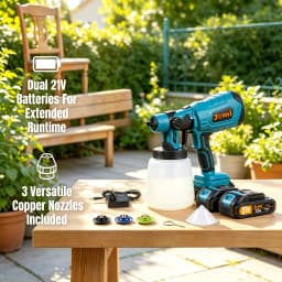 Jemi Tool Brushless Electric Spray Gun, 21V Lithium Battery Portable Home Paint Sprayer, 1/2 Battery and Quick Charger, 1000ml Paint Container, Suitable for Home Decoration, Furniture Refurbishment and Handicraft Painting.