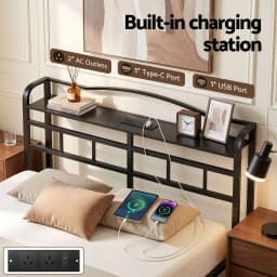Queen Size Bed Frame with Charging Station Modern Upholstered Platform Bed Frame with Storage Headboard for Bedroom