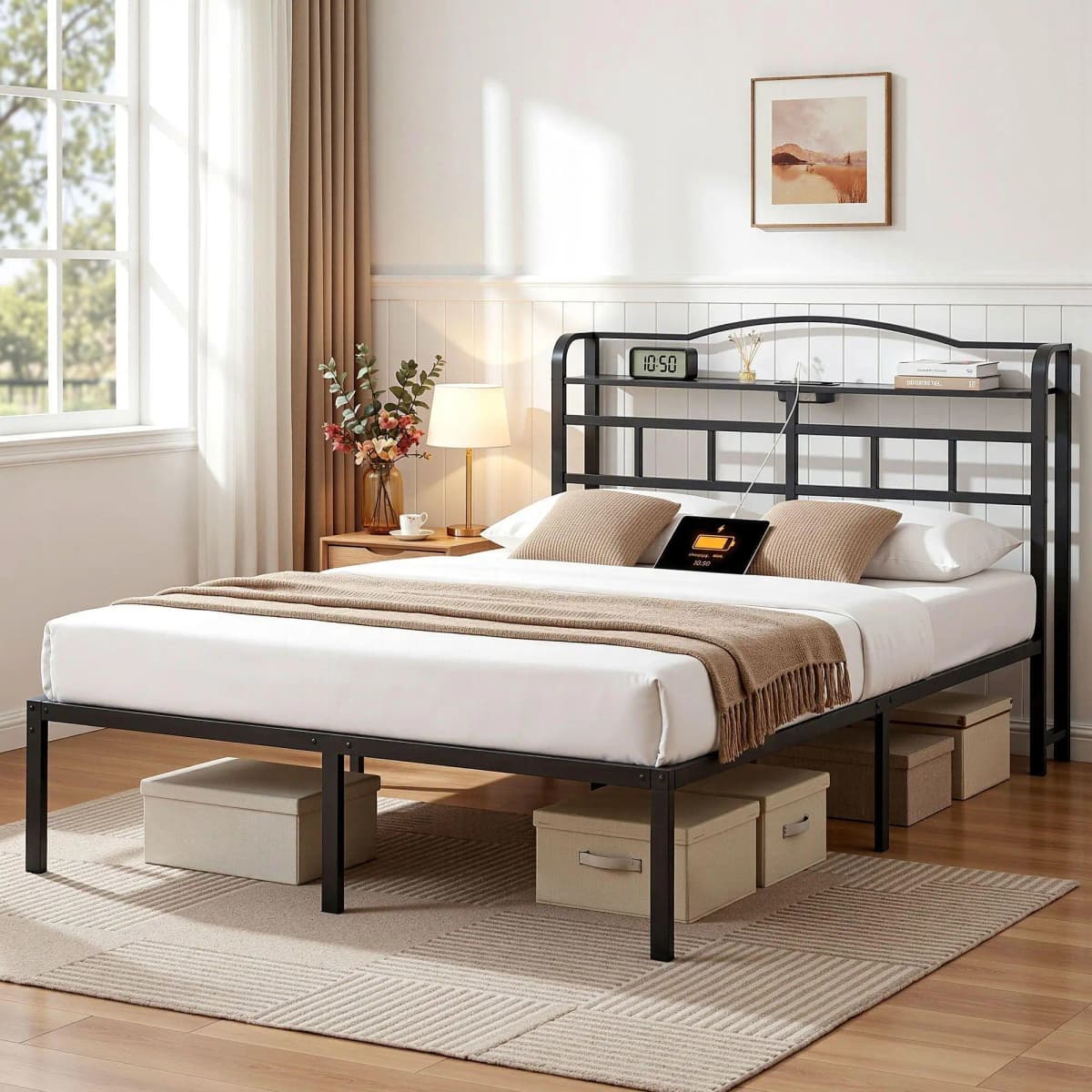 Queen Size Bed Frame with Charging Station Modern Upholstered Platform Bed Frame with Storage Headboard for Bedroom
