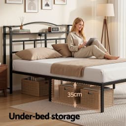 Queen Size Bed Frame with Charging Station Modern Upholstered Platform Bed Frame with Storage Headboard for Bedroom