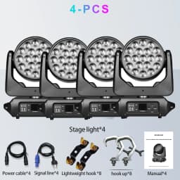 Moving Head Light with Hook, 19x15W RGBW 4in1 LED Beam Wash Zoom Effect Light, DMX512 Stage Light for DJ Disco Party Concert Wedding KTV Club, 540° Pan 270° Tilt, 8°-60° Zoom, 0-100% Dimming, Strobe