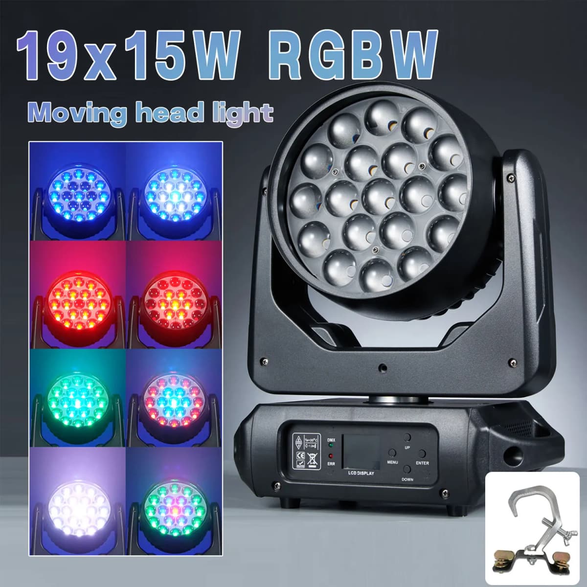 Moving Head Light with Hook, 19x15W RGBW 4in1 LED Beam Wash Zoom Effect Light, DMX512 Stage Light for DJ Disco Party Concert Wedding KTV Club, 540° Pan 270° Tilt, 8°-60° Zoom, 0-100% Dimming, Strobe