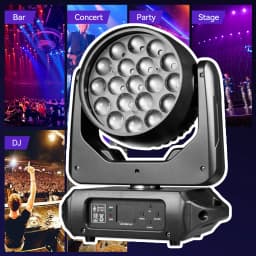 Moving Head Light with Hook, 19x15W RGBW 4in1 LED Beam Wash Zoom Effect Light, DMX512 Stage Light for DJ Disco Party Concert Wedding KTV Club, 540° Pan 270° Tilt, 8°-60° Zoom, 0-100% Dimming, Strobe