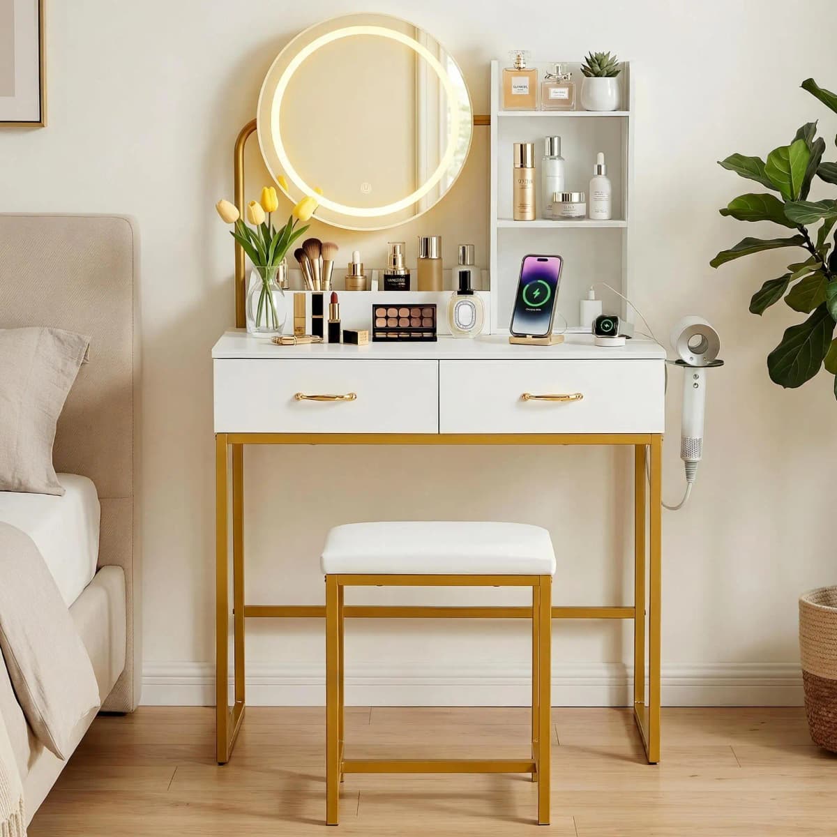 White Dressing Table Vanity Desk Set with Stool LED Mirror Charging Station Modern Makeup Table Bedroom Furniture