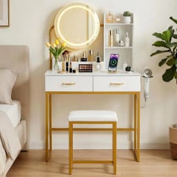 White Dressing Table Vanity Desk Set with Stool LED Mirror Charging Station Modern Makeup Table Bedroom Furniture