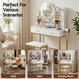White Dressing Table Vanity Desk Set with Stool LED Mirror Charging Station Modern Makeup Table Bedroom Furniture