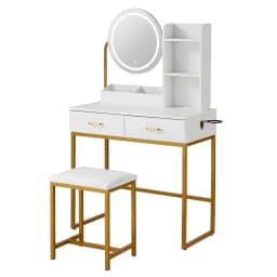 White Dressing Table Vanity Desk Set with Stool LED Mirror Charging Station Modern Makeup Table Bedroom Furniture