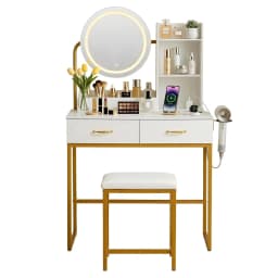 White Dressing Table Vanity Desk Set with Stool LED Mirror Charging Station Modern Makeup Table Bedroom Furniture