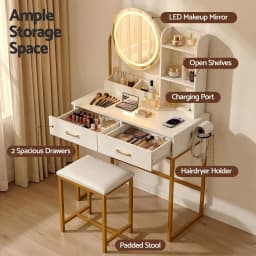 White Dressing Table Vanity Desk Set with Stool LED Mirror Charging Station Modern Makeup Table Bedroom Furniture