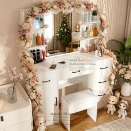 White Modern Vanity Set, 10 LED Lighted Mirror, 3 Color Dimmable, 5 Drawers & Stool, Bedroom Dresser