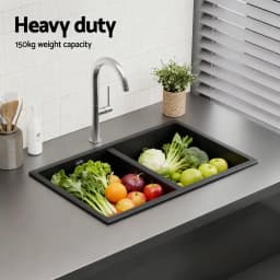 77x45cm Black Granite Stone Kitchen Sink Double Bowl Durable Undermount Topmount Modern Anti Scratch Composite Basin