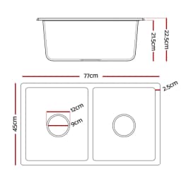 77x45cm Black Granite Stone Kitchen Sink Double Bowl Durable Undermount Topmount Modern Anti Scratch Composite Basin