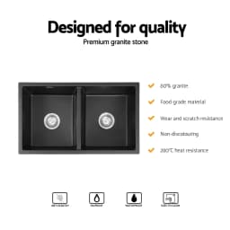 77x45cm Black Granite Stone Kitchen Sink Double Bowl Durable Undermount Topmount Modern Anti Scratch Composite Basin