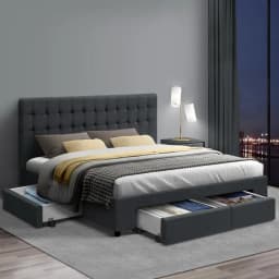 King Size Bed Frame with 4 Storage Drawers Charcoal Upholstered Platform Bed Frame Heavy Duty Support Modern Bedroom Furniture