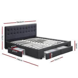 King Size Bed Frame with 4 Storage Drawers Charcoal Upholstered Platform Bed Frame Heavy Duty Support Modern Bedroom Furniture