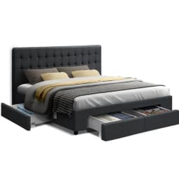 King Size Bed Frame with 4 Storage Drawers Charcoal Upholstered Platform Bed Frame Heavy Duty Support Modern Bedroom Furniture