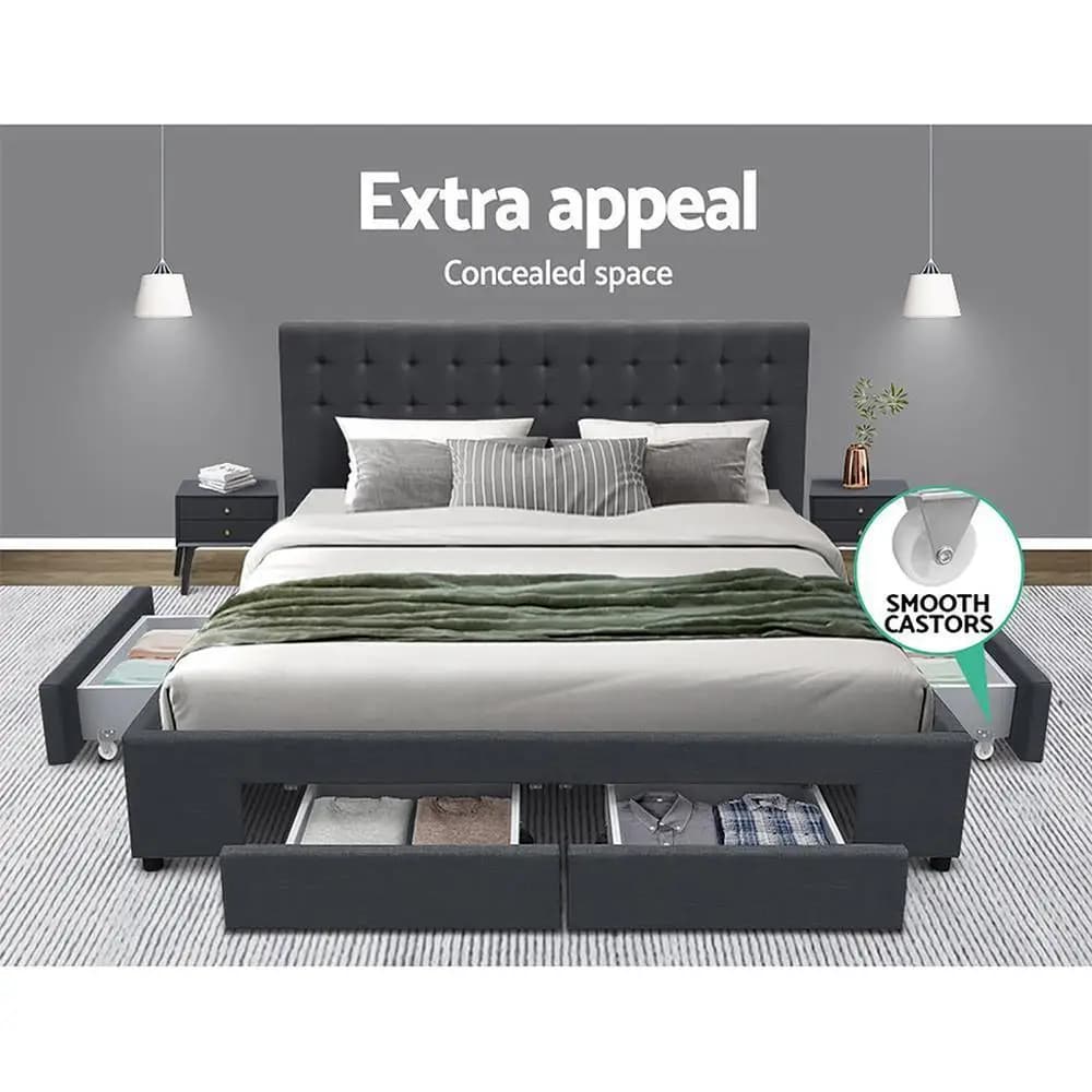 King Size Bed Frame with 4 Storage Drawers Charcoal Upholstered Platform Bed Frame Heavy Duty Support Modern Bedroom Furniture