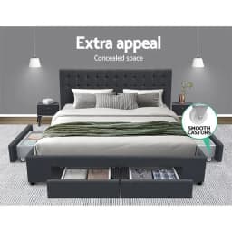 King Size Bed Frame with 4 Storage Drawers Charcoal Upholstered Platform Bed Frame Heavy Duty Support Modern Bedroom Furniture