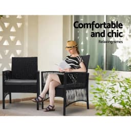 3 Piece Outdoor Rattan Bistro Set Patio Table and Chairs with Cushions Garden Furniture Lyra Style
