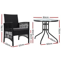 3 Piece Outdoor Rattan Bistro Set Patio Table and Chairs with Cushions Garden Furniture Lyra Style