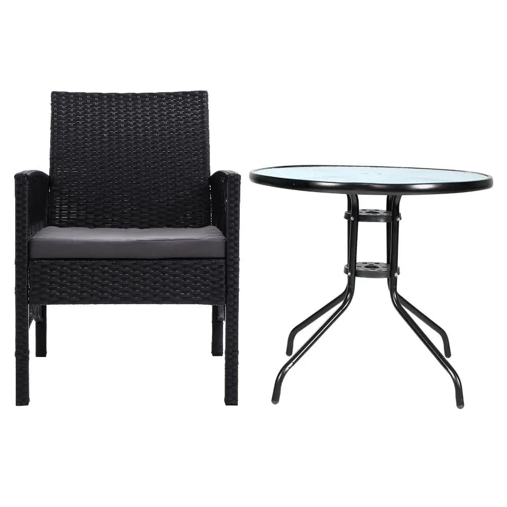 3 Piece Outdoor Rattan Bistro Set Patio Table and Chairs with Cushions Garden Furniture Lyra Style