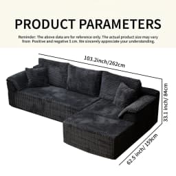 103.2" Black Corduroy L‑Shape Modular Compressed Sectional Sofa with Chaise & Throw Pillows, AU Local Warehouse Fast Delivery