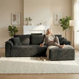 103.2" Black Corduroy L‑Shape Modular Compressed Sectional Sofa with Chaise & Throw Pillows, AU Local Warehouse Fast Delivery