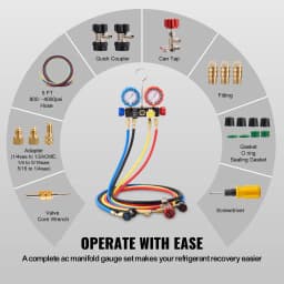 VEVOR 4 Way AC Gauge-AC Manifold Gauge Set 5 ft Hoses for R134A/R22/R12/R410A Work on Car Auto Freon Charging and Evacuation