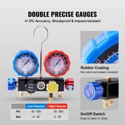 VEVOR 4 Way AC Gauge-AC Manifold Gauge Set 5 ft Hoses for R134A/R22/R12/R410A Work on Car Auto Freon Charging and Evacuation