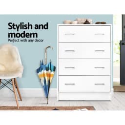 4 Drawer Chest White Tall Storage Cabinet Modern Bedroom Dresser Minimalist Freestanding Organizer for Home Use