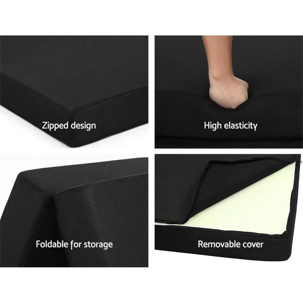 Foldable Foam Mattress Double Size Black Tri Fold Bed Mat Portable Sleeping Cushion