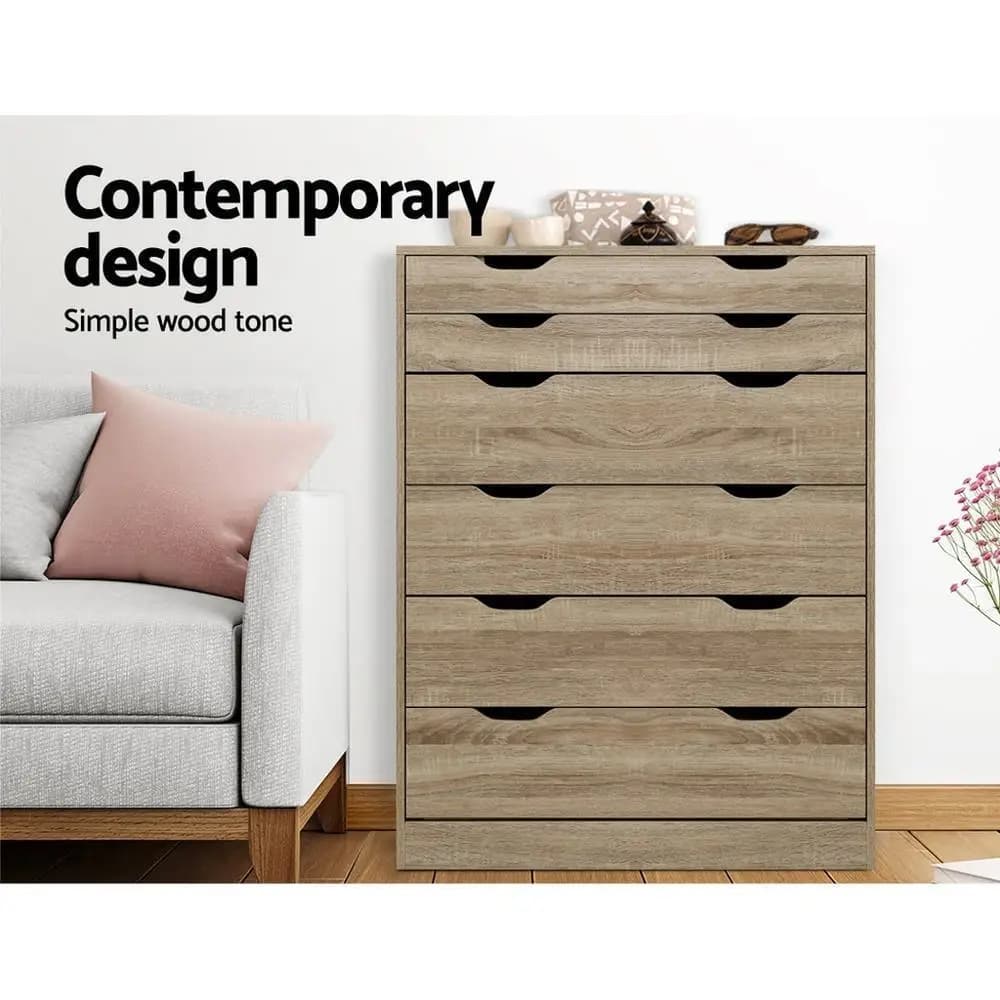 6 Drawer Oak Chest Storage Cabinet Modern Bedroom Dresser Wooden Organizer Tall Furniture Unit