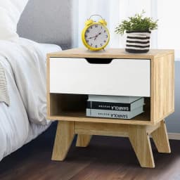 White Oak 1 Drawer Bedside Table with Open Shelf Modern Nightstand Storage Cabinet for Bedroom Living Room Small Space Furniture
