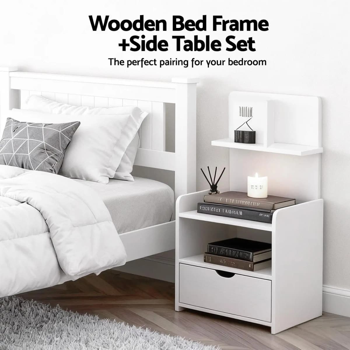 White King Single Bed Frame with Matching Bedside Table Modern Bedroom Furniture Set