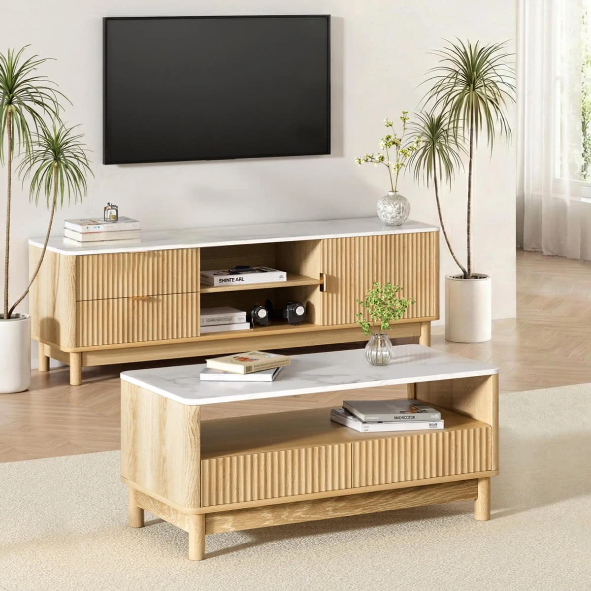 Pine TV Unit and Coffee Table Set with Storage Drawers Modern Living Room Furniture Organizer Console Table Set