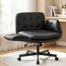 Cross Legged Office Chair with Wheels Adjustable Armrests Ergonomic PU Leather Swivel Vanity Chair for home Bedroom Computer Black