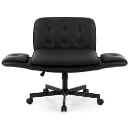 Cross Legged Office Chair with Wheels Adjustable Armrests Ergonomic PU Leather Swivel Vanity Chair for home Bedroom Computer Black