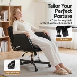 Cross Legged Office Chair with Wheels Adjustable Armrests Ergonomic PU Leather Swivel Vanity Chair for home Bedroom Computer Black