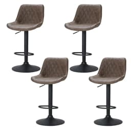 Set of 4 Adjustable Gas Lift Vintage Brown Leather Bar Stools for Kitchen Island Pub Counter High Back Swivel Chairs