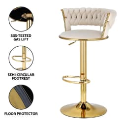 2x Velvet Bar Stools with Gas Lift Woven Backrest Ivory Counter Height Kitchen Seating Chairs