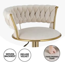2x Velvet Bar Stools with Gas Lift Woven Backrest Ivory Counter Height Kitchen Seating Chairs