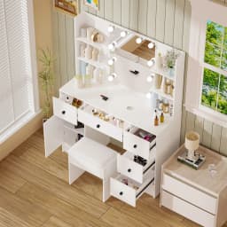 White Dressing Table Makeup Vanity Set With LED Light Mirror Storage Drawers Cabinet And Stool For Bedroom
