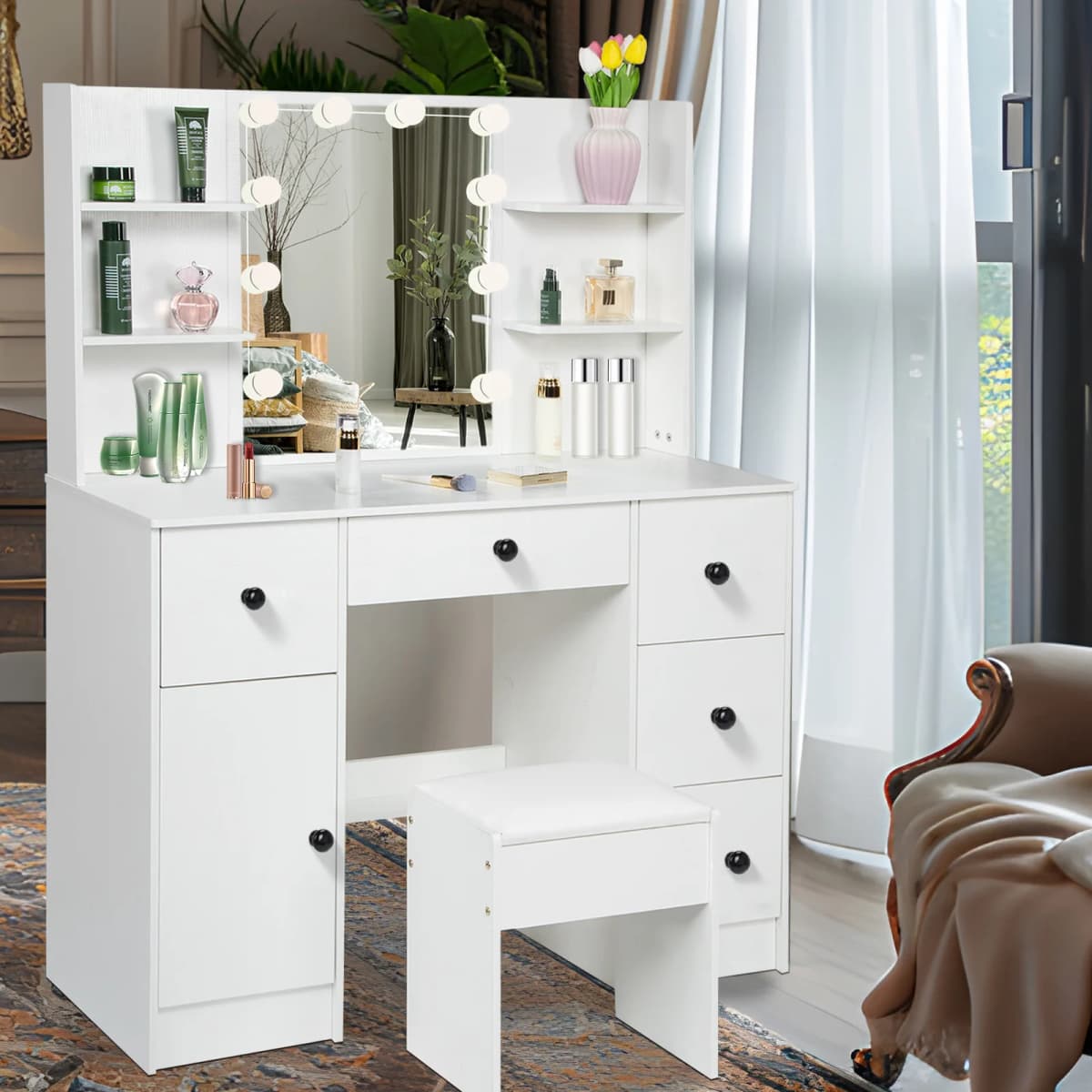 White Dressing Table Makeup Vanity Set With LED Light Mirror Storage Drawers Cabinet And Stool For Bedroom