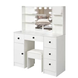 White Dressing Table Makeup Vanity Set With LED Light Mirror Storage Drawers Cabinet And Stool For Bedroom