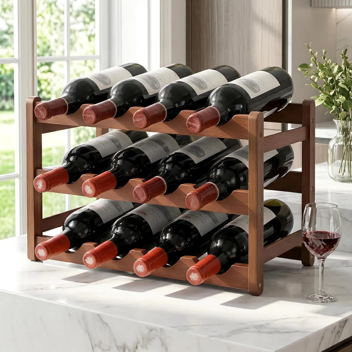 Bamboo 3 Tier Wine Rack Display Storage Organizer 12 Bottle Walnut Finish